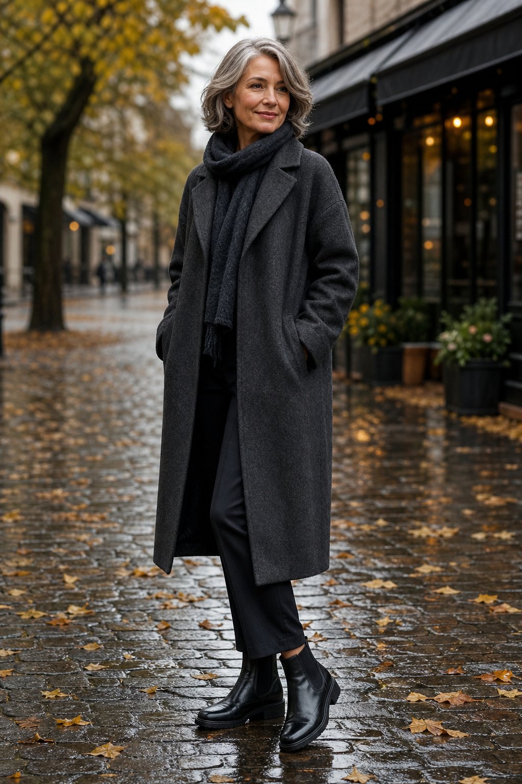 Waterproof chelsea boots with a wool coat and scarf for rainy autumn days