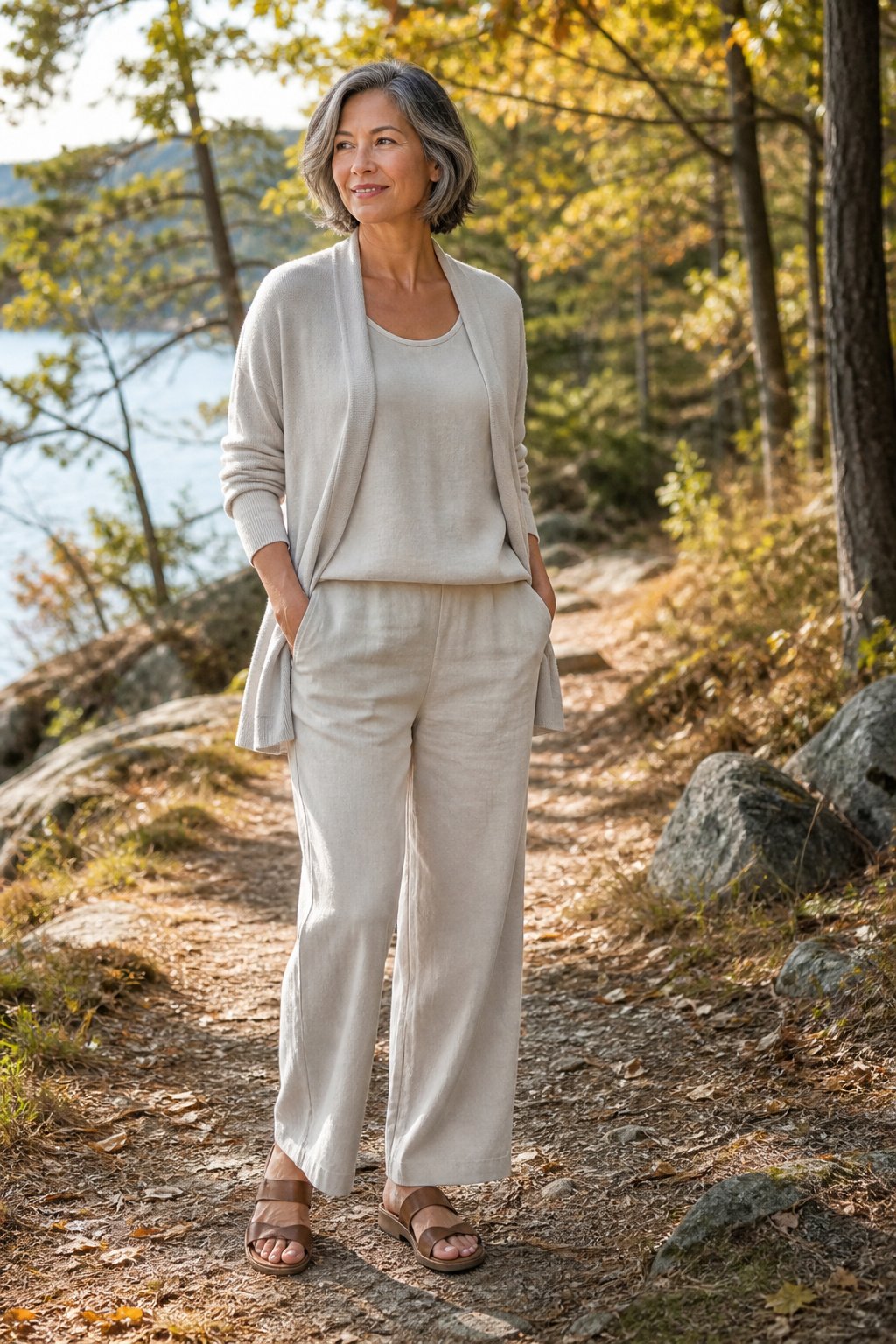 Wide fit supportive sandal with linen trousers and a light cardigan for early fall