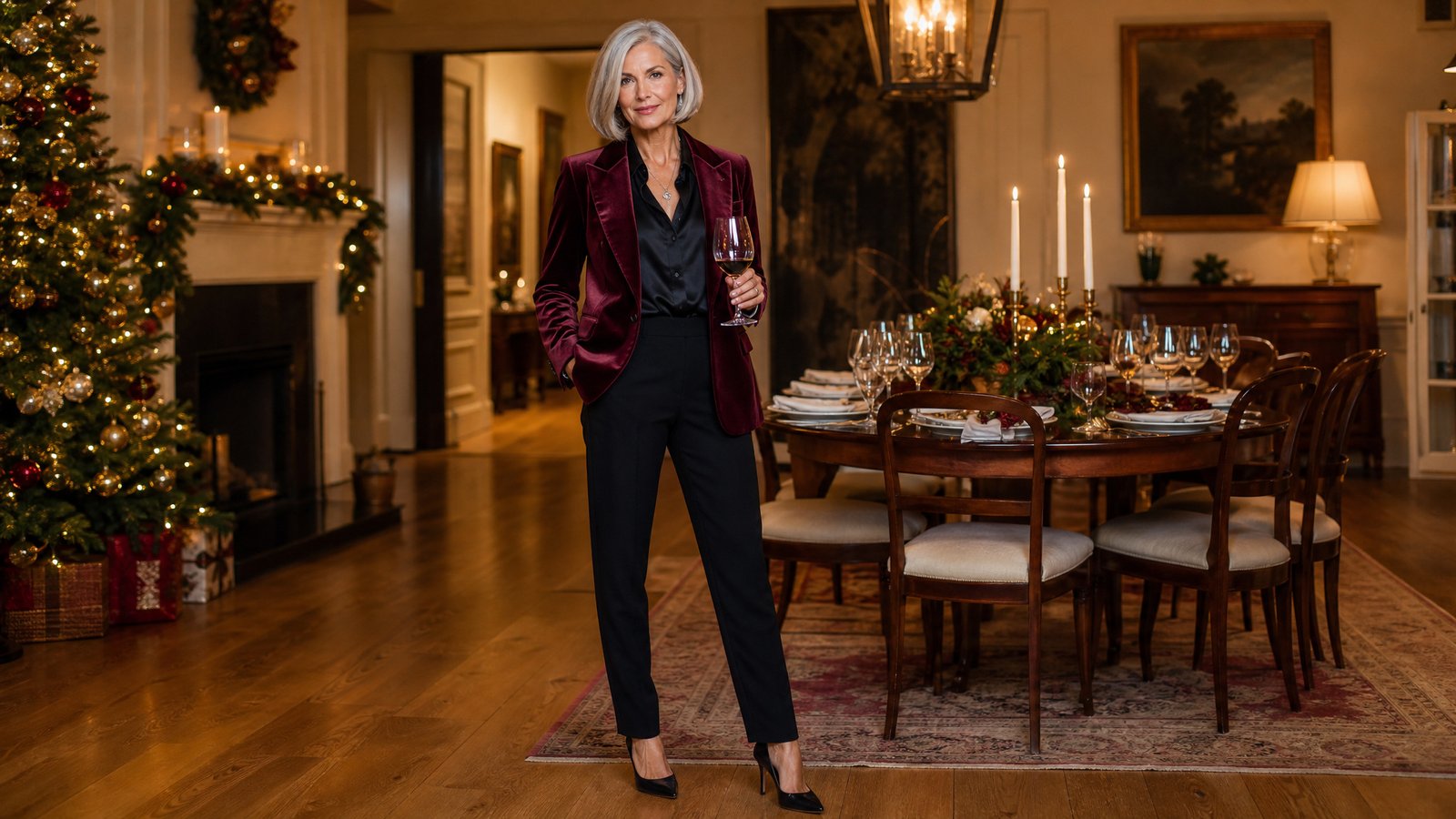 Elegant woman over 50 in a burgundy velvet blazer at a warm holiday dinner party