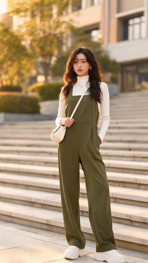 jumpsuit layered with sneakers