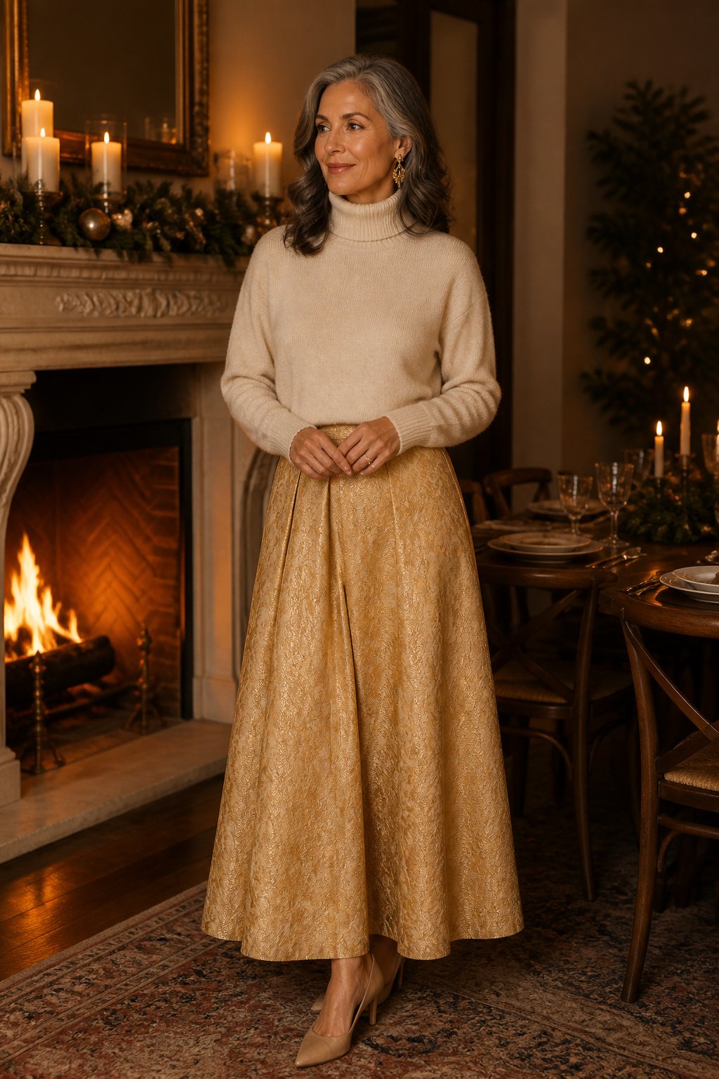 Woman over 50 in a cream cashmere turtleneck and gold brocade skirt near a fireplace