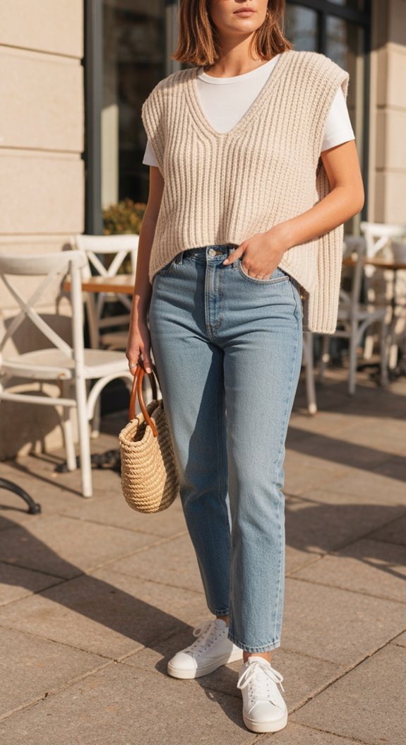 knit vest over white tee