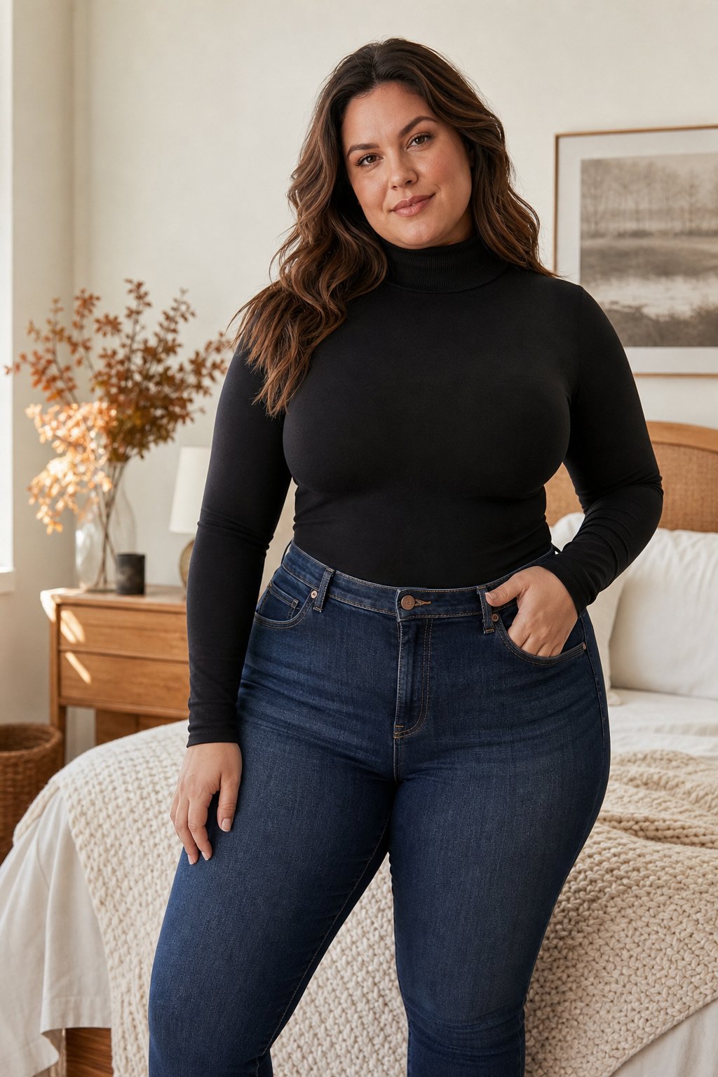 Curvy woman in her mid 30s wearing a fitted thin thermal base layer turtleneck for fall layering