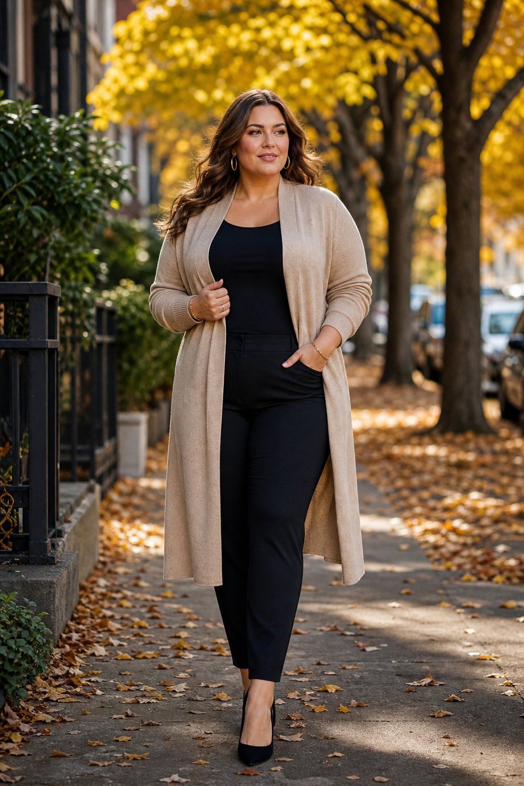 Curvy woman in her mid 30s wearing an open longline cardigan over a fitted top for a fall layered look