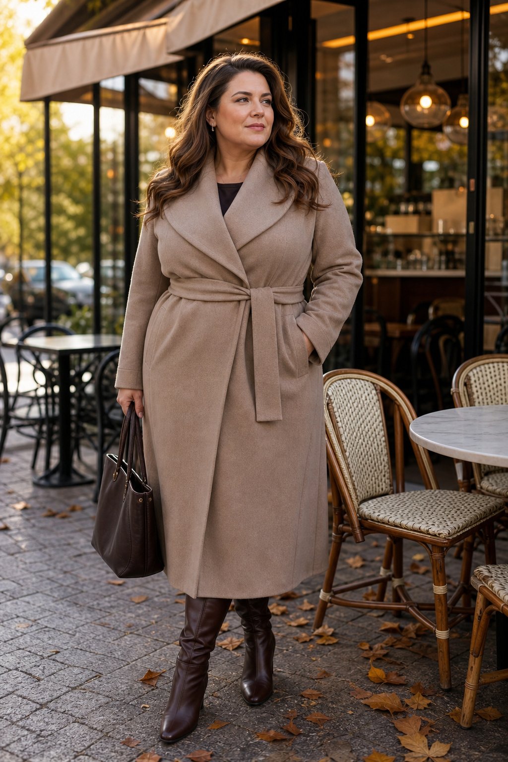 Curvy woman in her mid 30s wearing a tailored wool wrap coat over a thin base layer for fall warmth