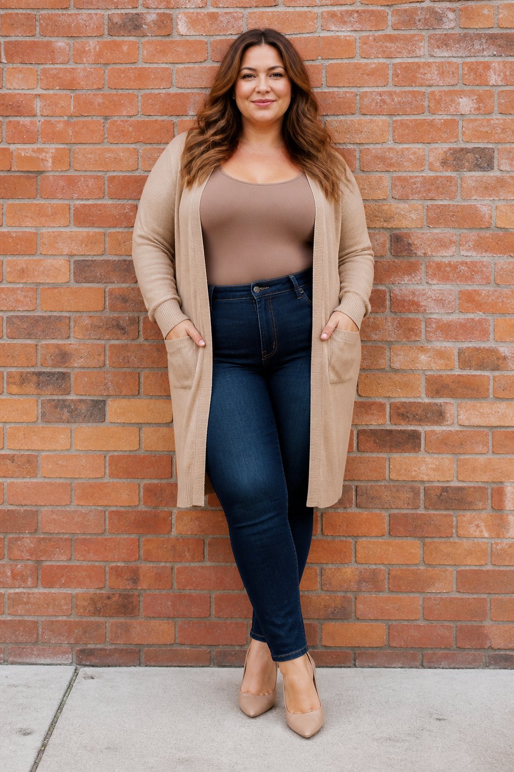 Curvy woman in her mid 30s wearing an open cardigan over a fitted top creating a vertical center line for fall
