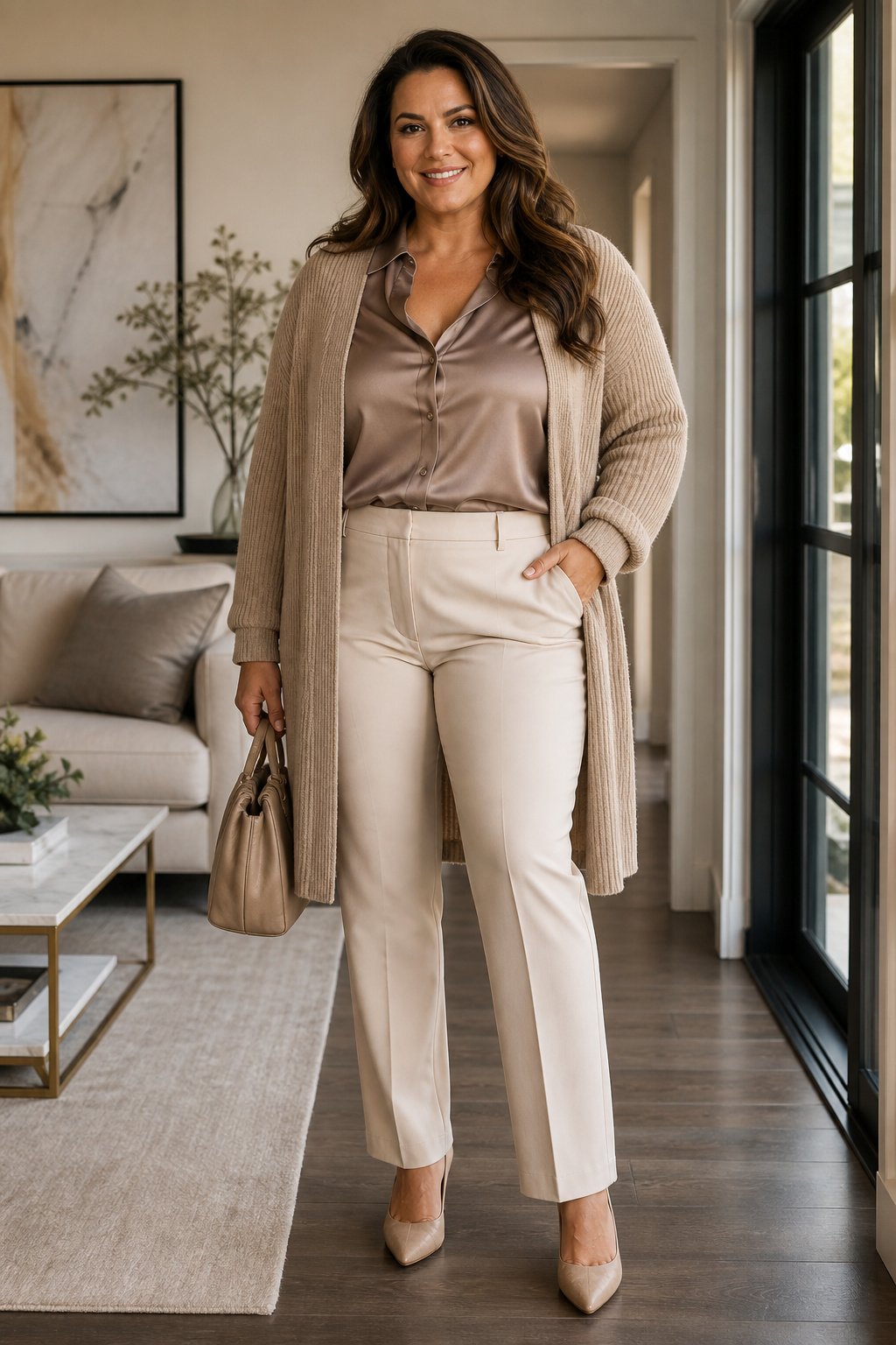 Curvy woman in her mid 30s in a satin blouse under a fine ribbed knit cardigan mixing fall textures