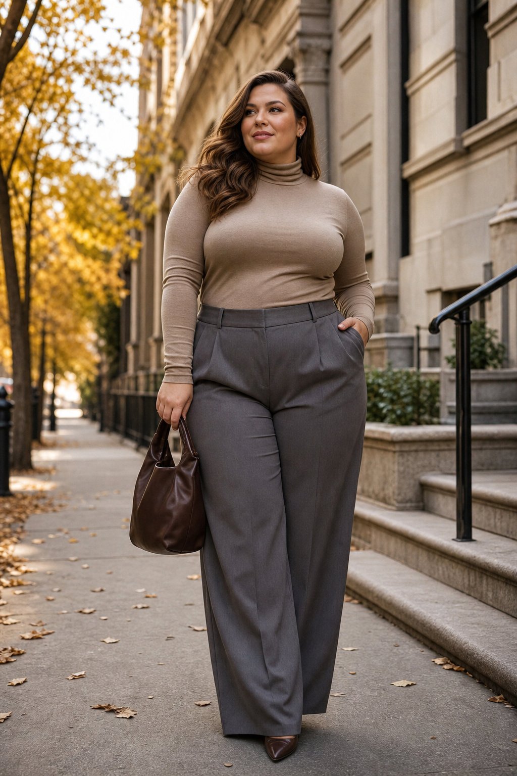 Curvy woman in her mid 30s wearing a fitted top with wide-leg trousers balancing fall proportions