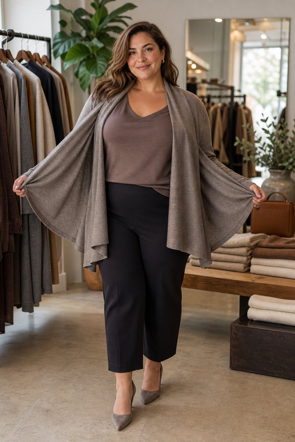 Curvy woman in her mid 30s selecting a drapey fine-wool cardigan that follows her shape for fall layering