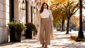 Plus-size woman in her mid 30s wearing a longline open cardigan over a cream turtleneck with wide-leg trousers and suede ankle boots, how to layer for fall without adding bulk