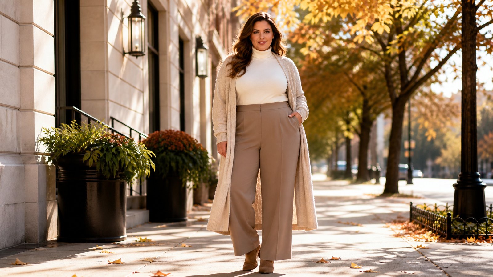 Plus-size woman in her mid 30s wearing a longline open cardigan over a cream turtleneck with wide-leg trousers and suede ankle boots, how to layer for fall without adding bulk