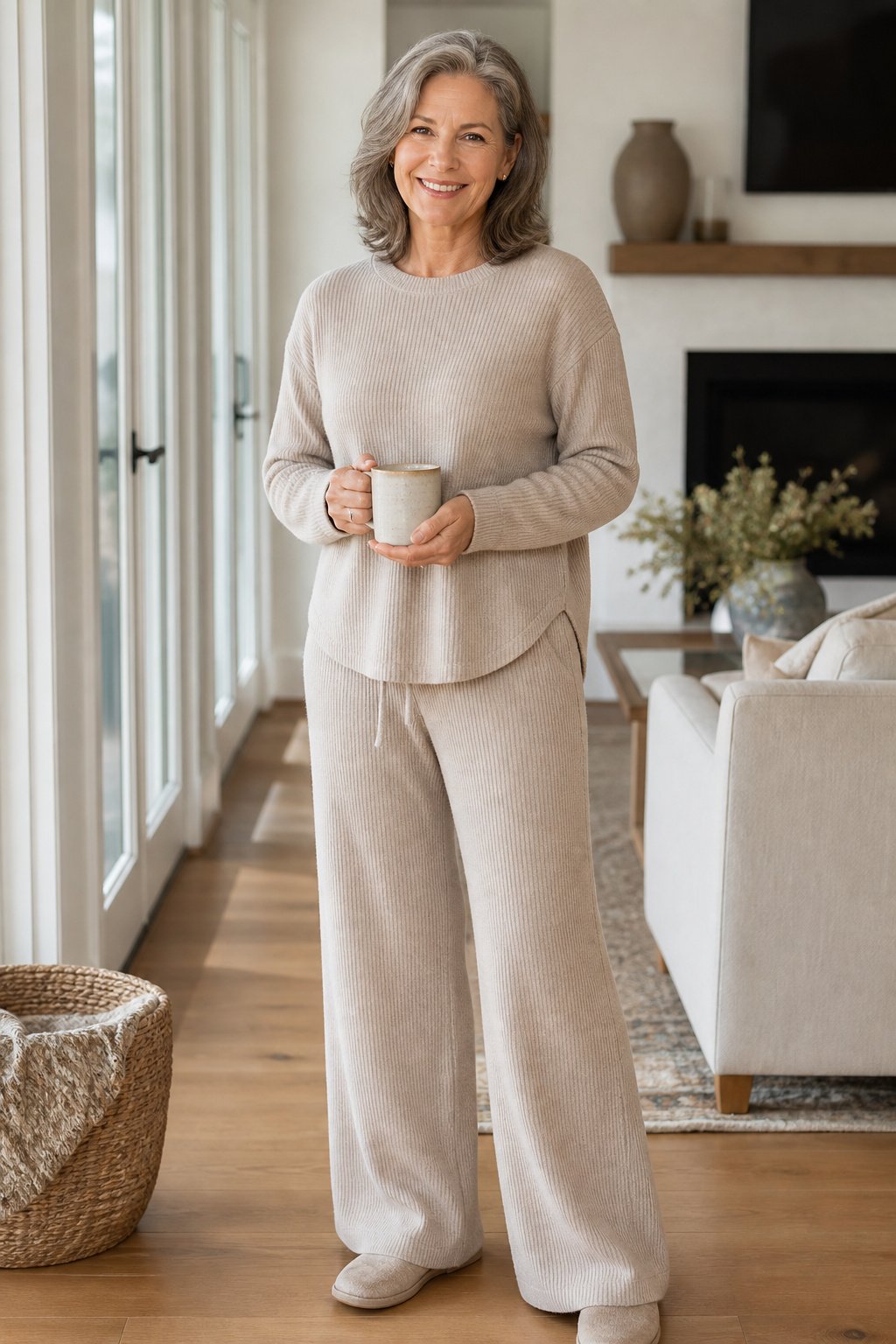 Woman over 50 in a matching oatmeal knit lounge set at home, elevated loungewear outfit