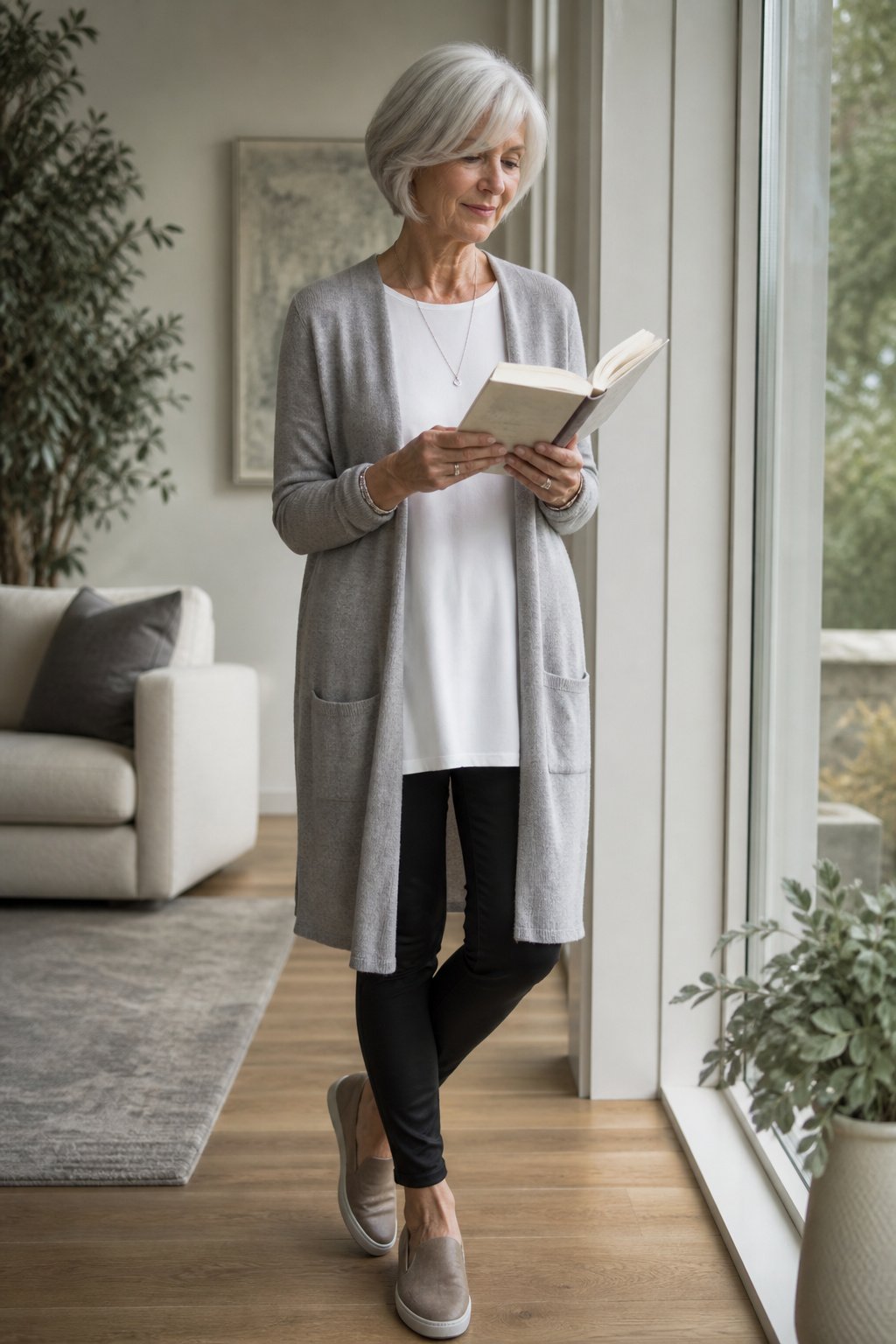 Woman over 60 in a longline grey cardigan over a white tunic and black leggings