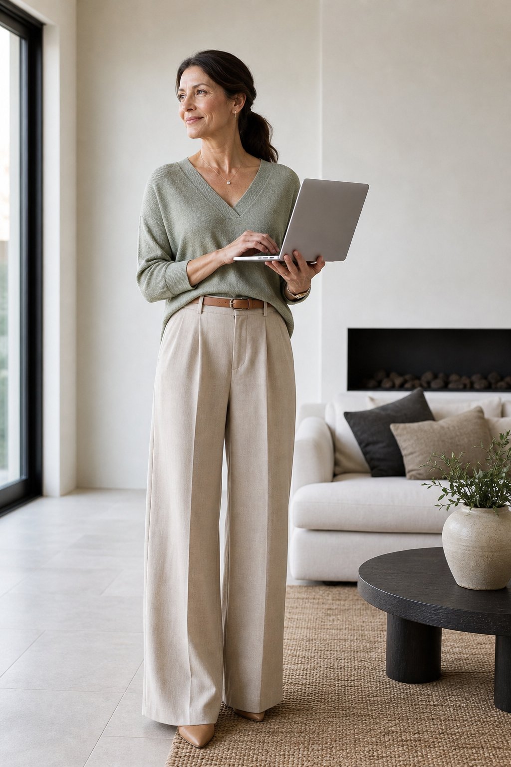 Woman over 50 in high-waist wide-leg trousers and a sage knit top at home