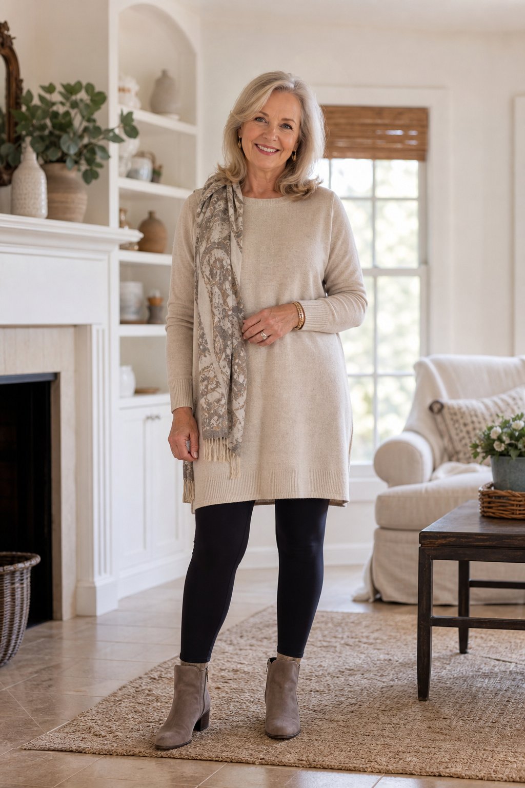 Woman over 60 in a knee-length knit tunic with a scarf and dark leggings