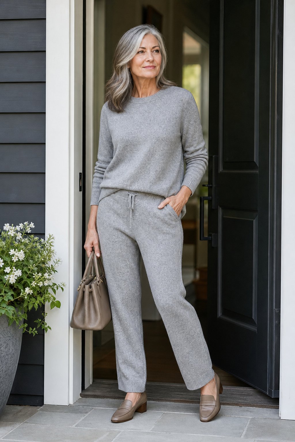 Woman over 50 in a grey knit lounge set with slip-on loafers by the door