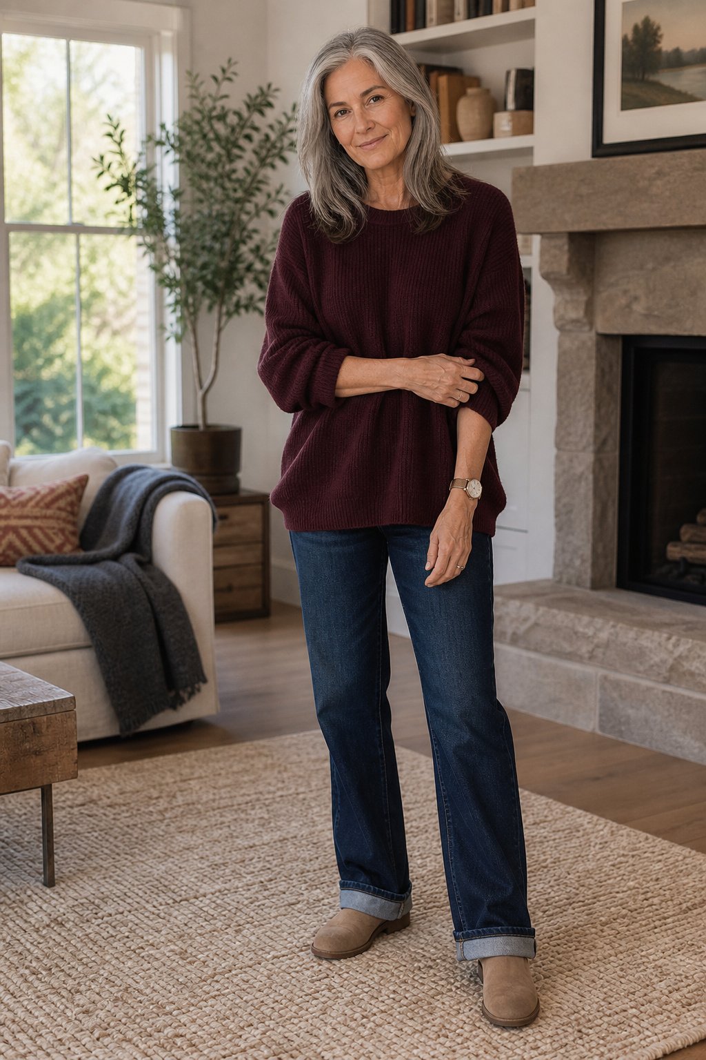 Woman over 50 in an oversized burgundy sweater and straight-leg jeans