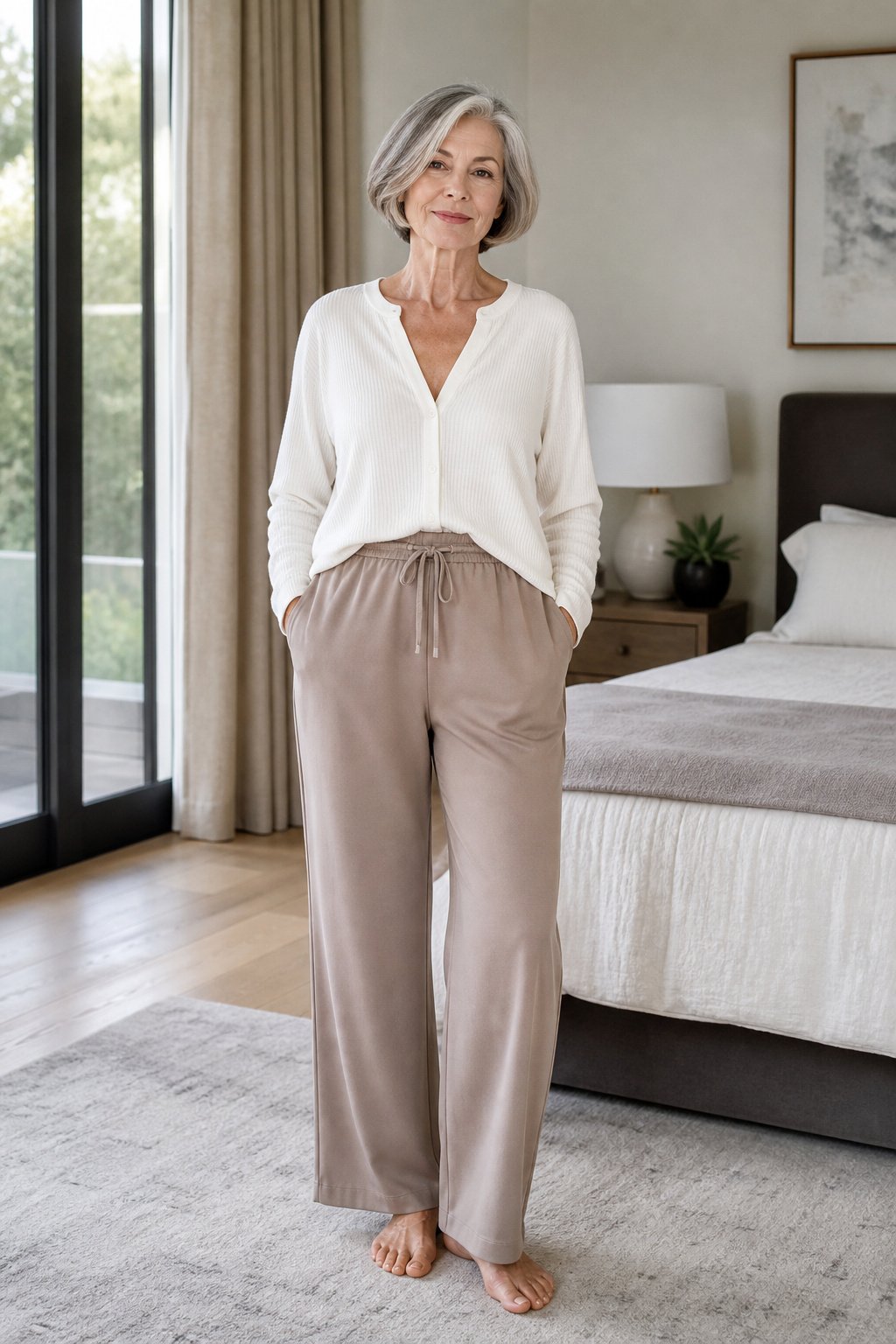 Woman over 60 in soft taupe lounge pants and a white button-front knit top