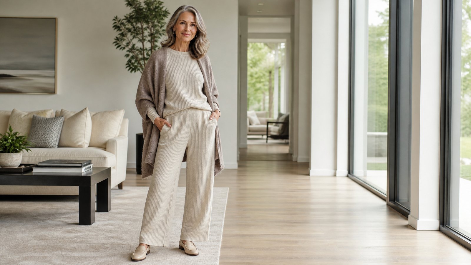 Stylish woman over 50 in a cozy oatmeal knit lounge set in a bright living room, elevated loungewear