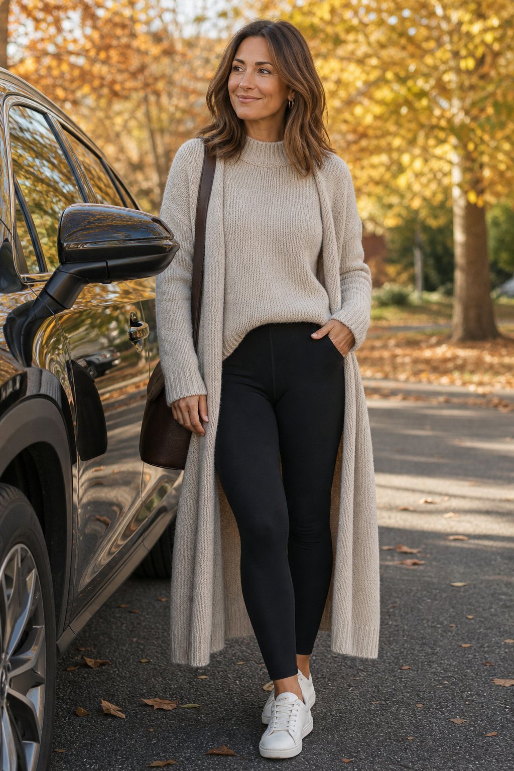 Busy mom in her 30s wearing an oatmeal knit sweater with black leggings and a duster cardigan