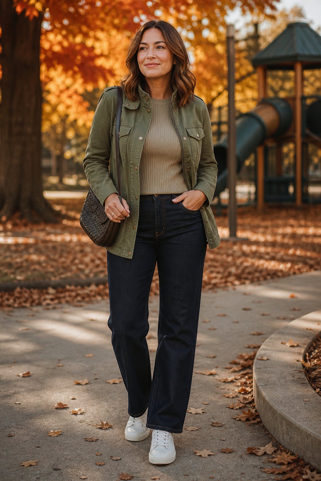Mom outfit with an olive utility jacket, ribbed knit, straight-leg jeans and white sneakers