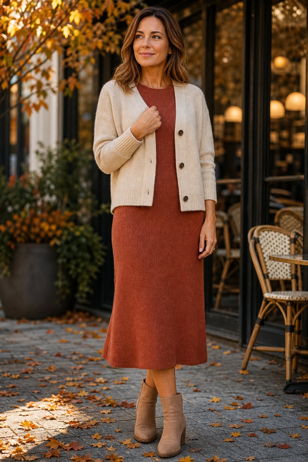 Easy mom dress with a rust knit midi dress, cream cardigan and low block-heel boots