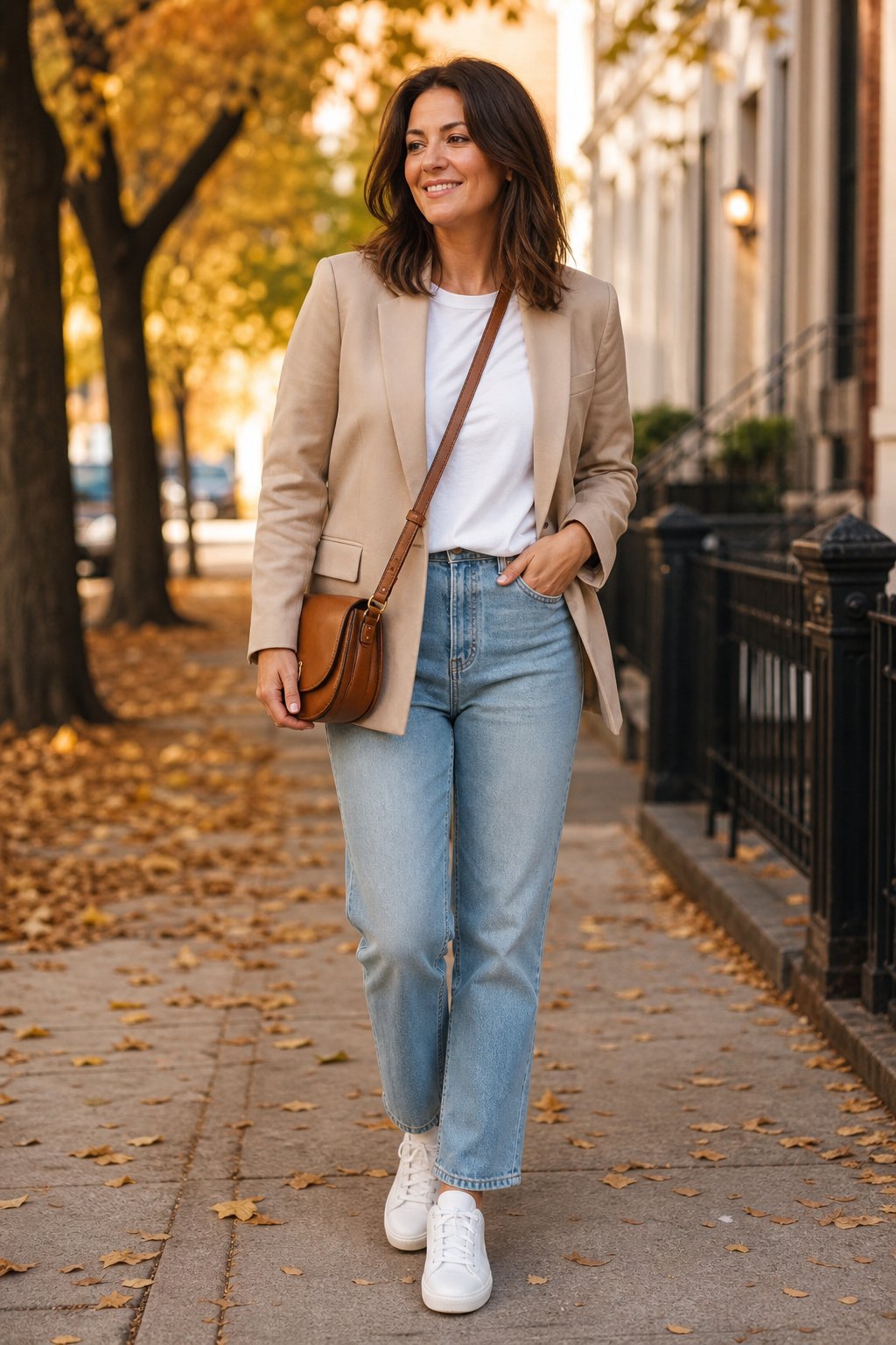 Mom look with a beige blazer over a white tee, light-wash straight jeans and white sneakers