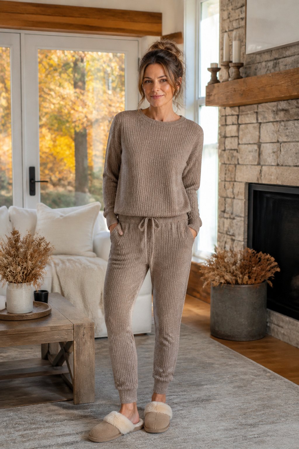 Comfortable elevated mom loungewear with a matching taupe knit lounge set