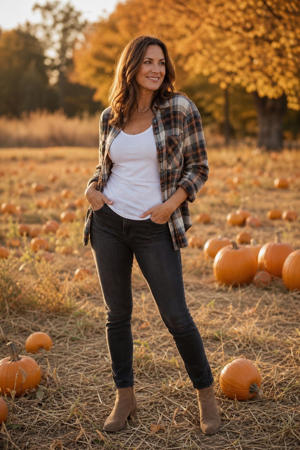 Weekend mom outfit with an open plaid flannel over a tank top and jeans with ankle boots