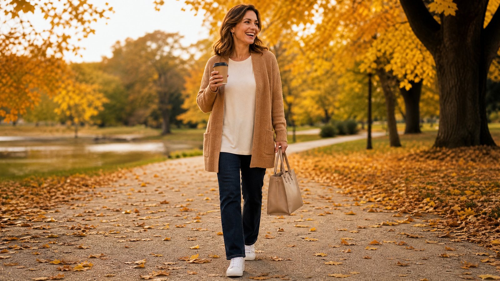 Mom in her late 30s with warm brunette hair wearing a camel cardigan over a tunic, straight jeans and sneakers, elevated casual mom style