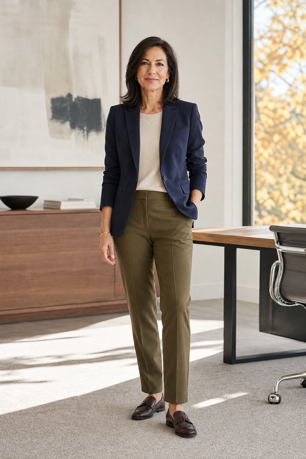 professional woman in her 50s in navy blazer olive trousers and loafers in bright office