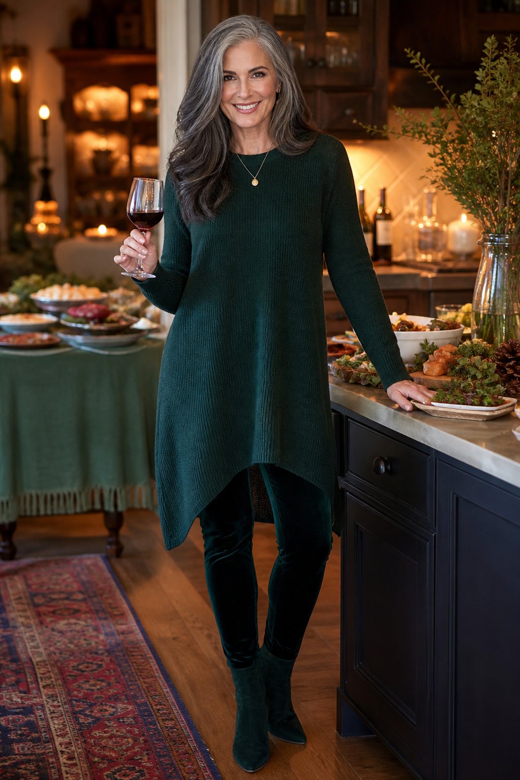 Woman over 50 in a rich knit tunic with dark velvet leggings hosting a holiday dinner