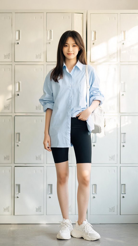oversized button down with bike shorts