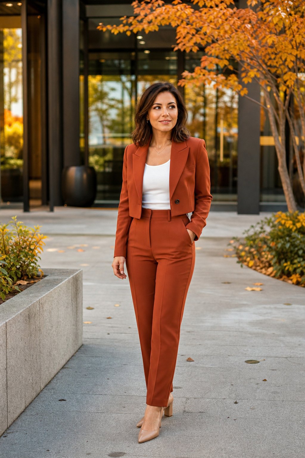 Petite woman wearing a cropped rust blazer with matching high-waist trousers and nude heels