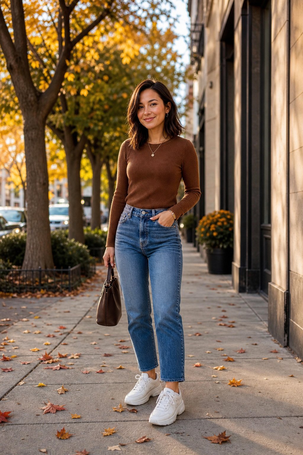 Petite woman in cropped straight-leg jeans with a tucked top and chunky white sneakers