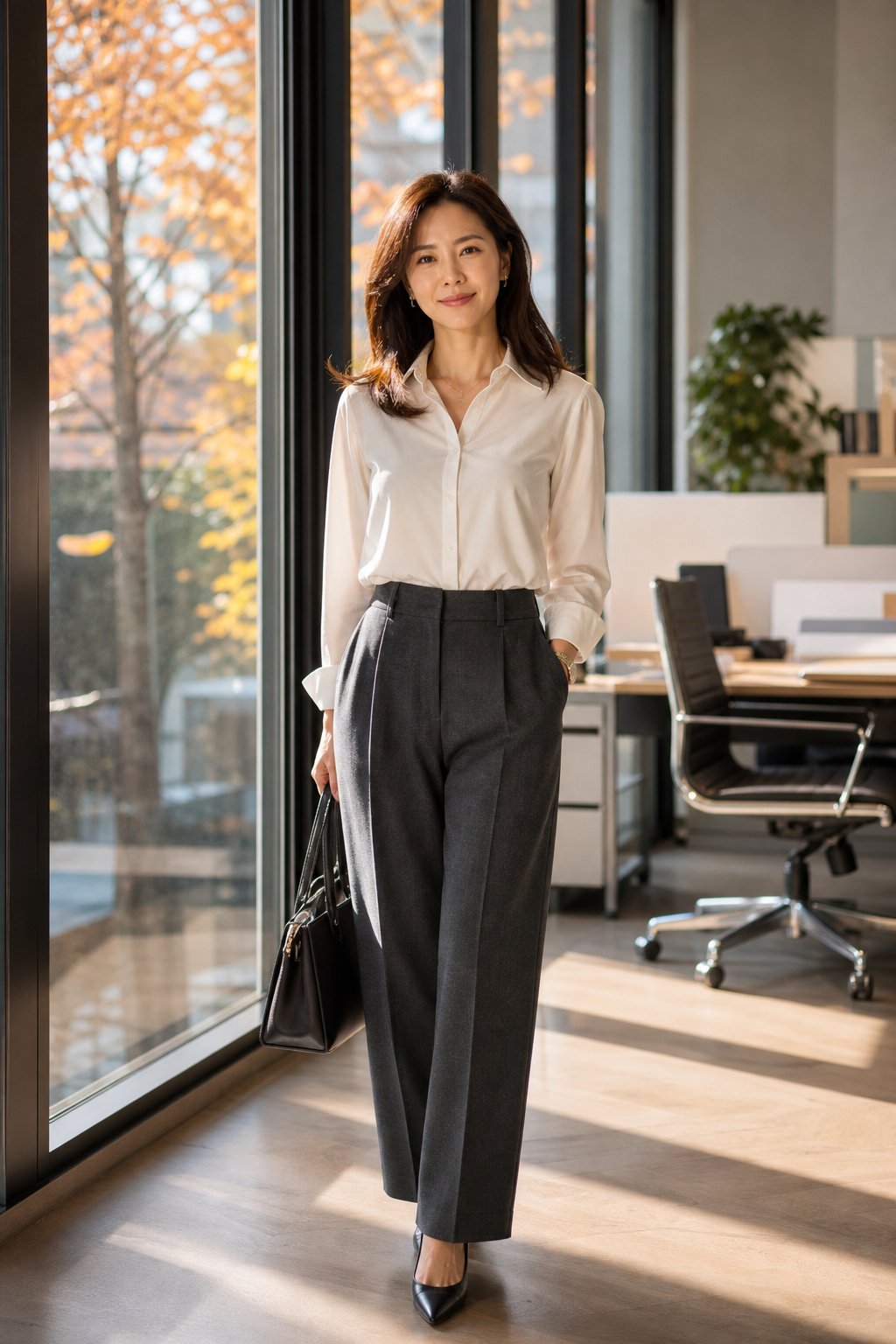 Petite woman in high-waist charcoal wool trousers with a tucked white blouse and pointed flats