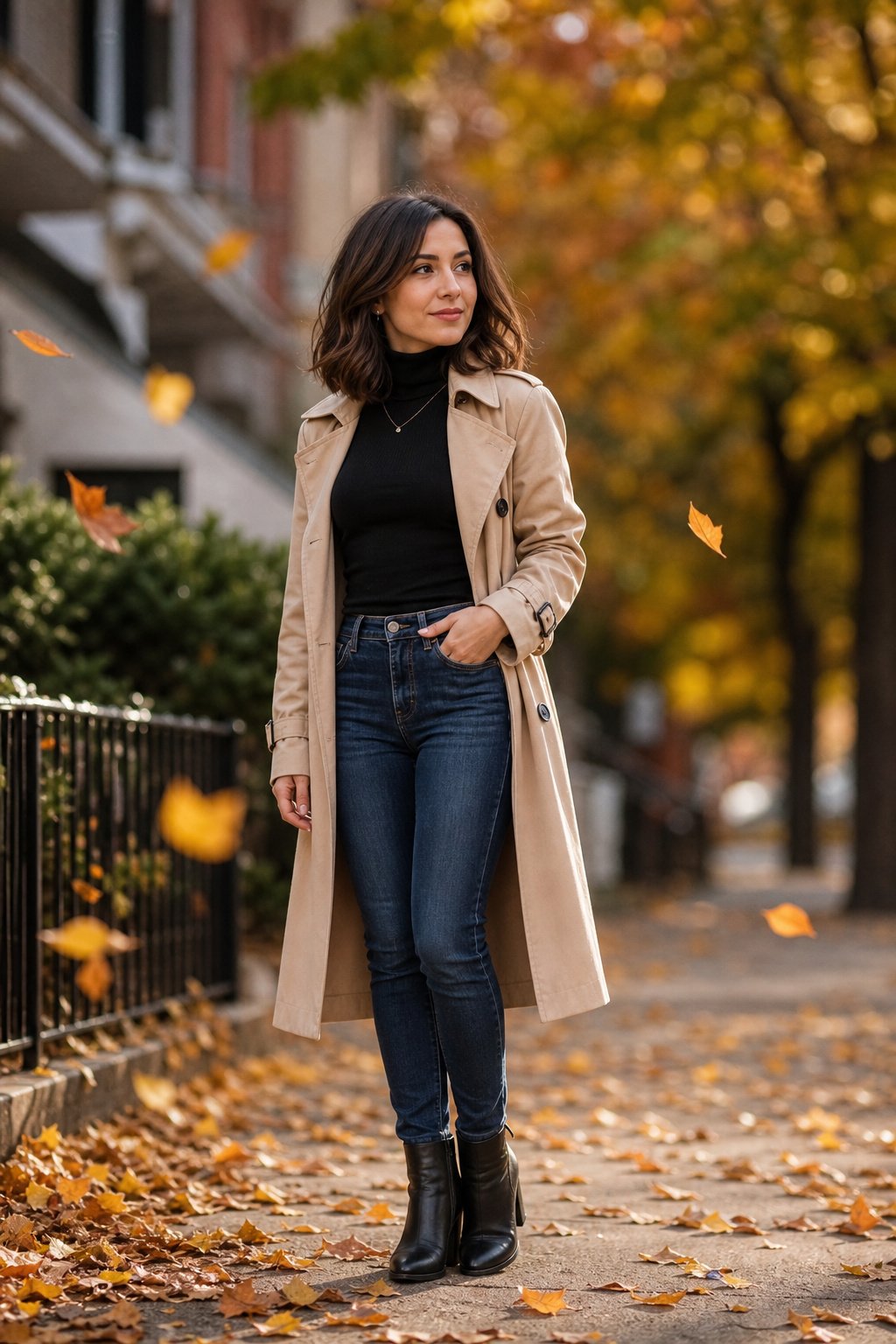 Petite woman in a knee-length beige trench coat over a black turtleneck and slim jeans