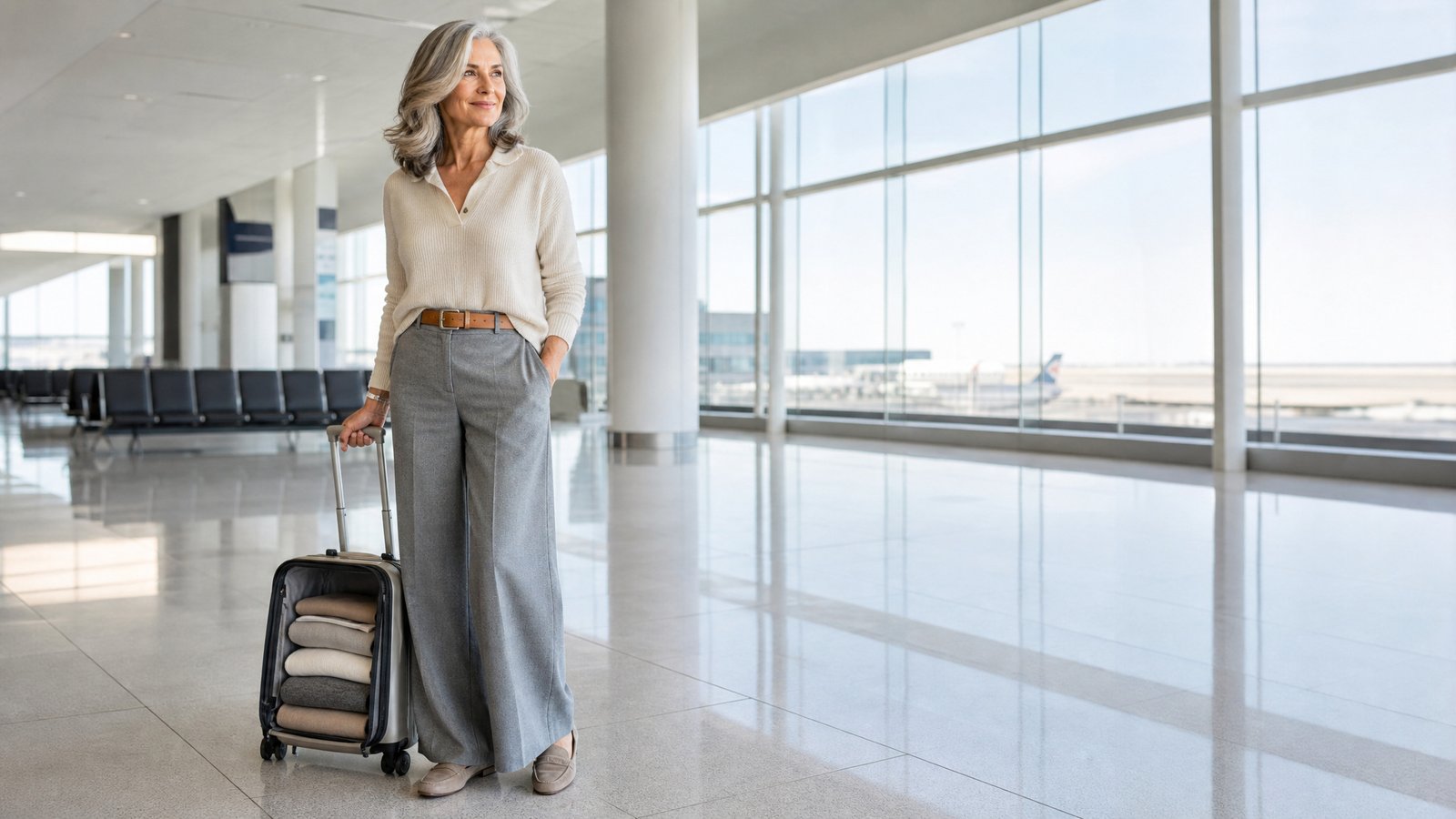 Woman over 50 in a smart-casual neutral travel outfit with an open carry-on suitcase packed with capsule layers at an airport