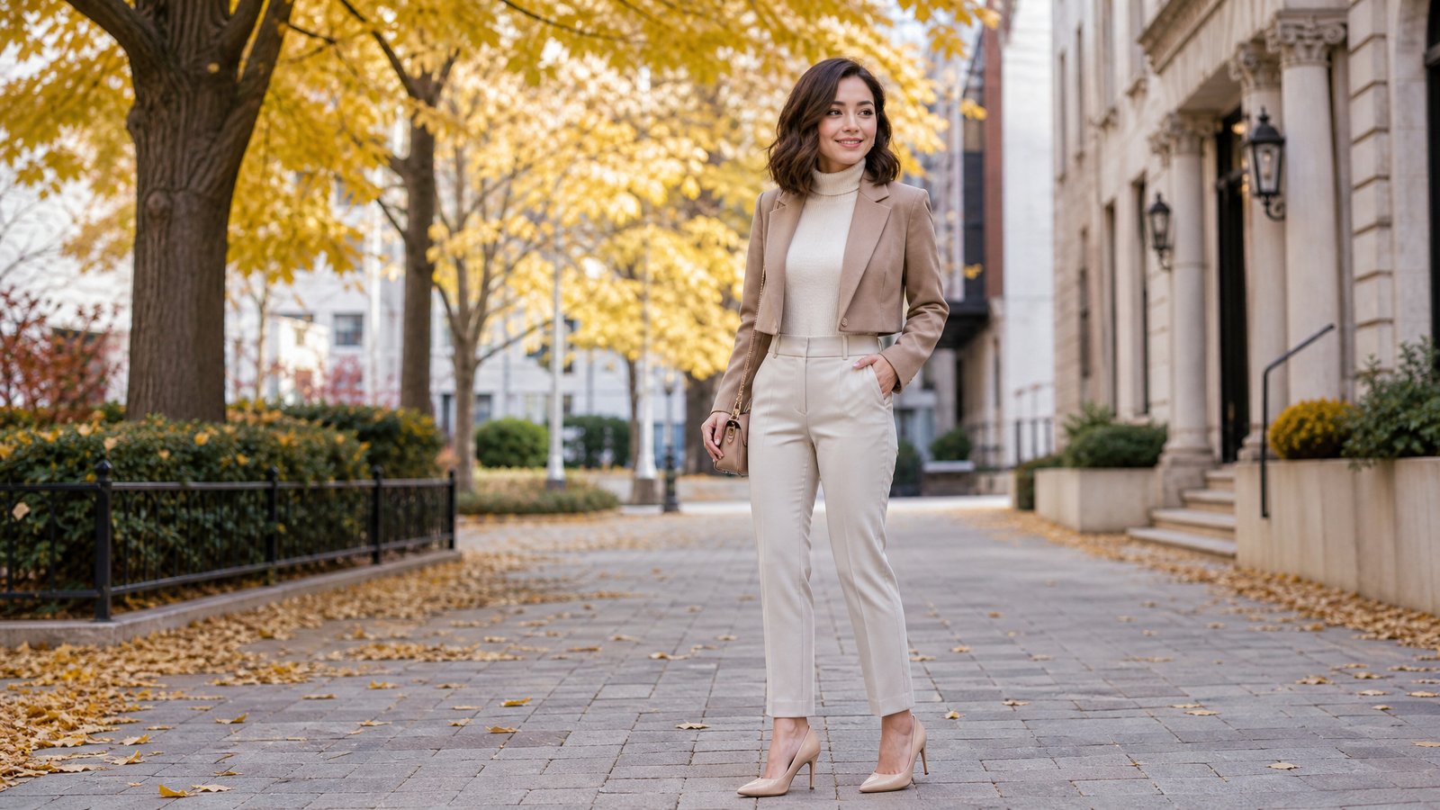 Petite woman in her early 30s in a cropped camel blazer, cream turtleneck and high-waist ankle trousers, lengthening fall outfit