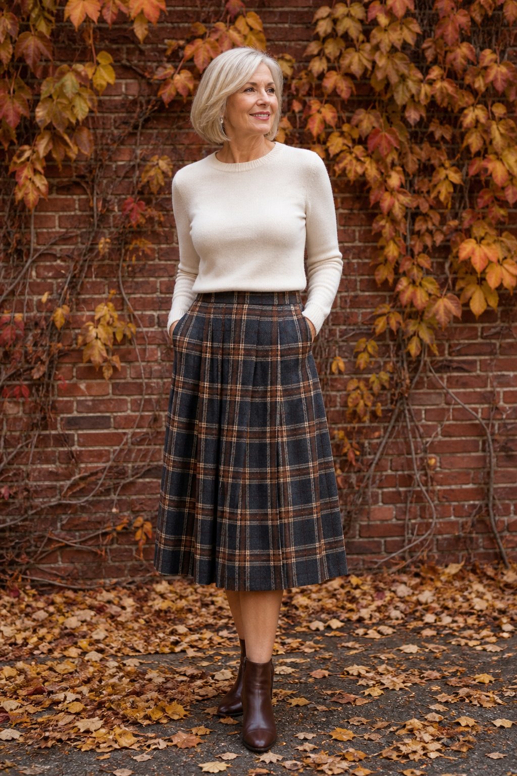elegant woman over 60 in plaid midi skirt cream sweater and ankle boots outside brick wall