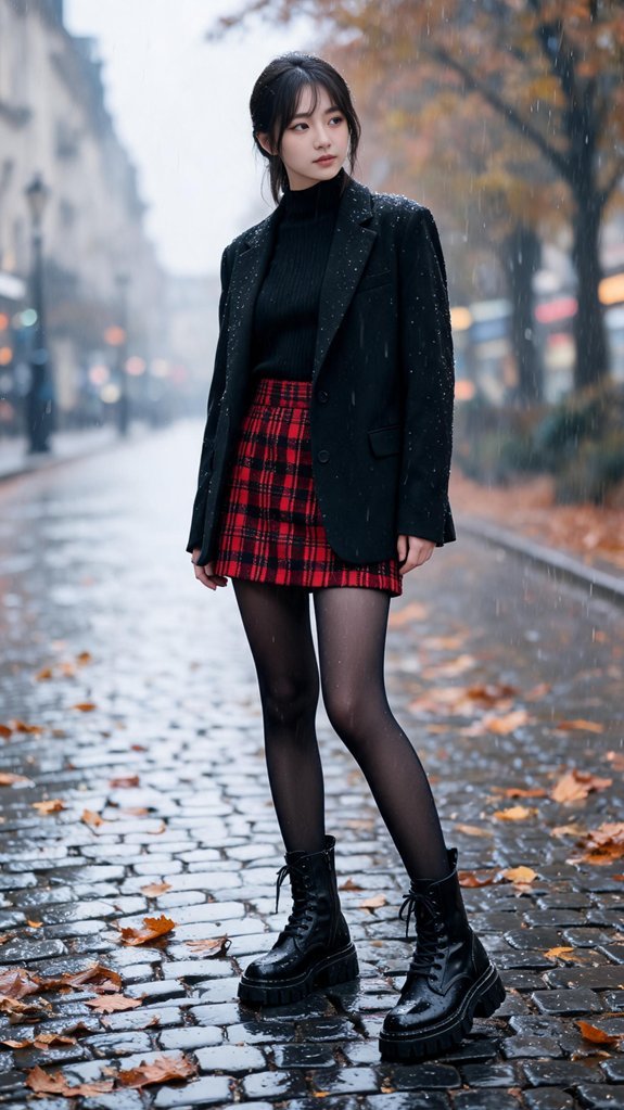plaid skirt rainwear ensemble