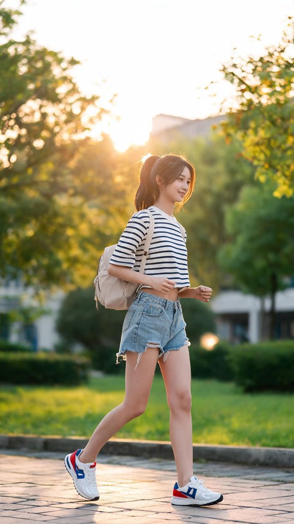 retro sneakers with denim shorts