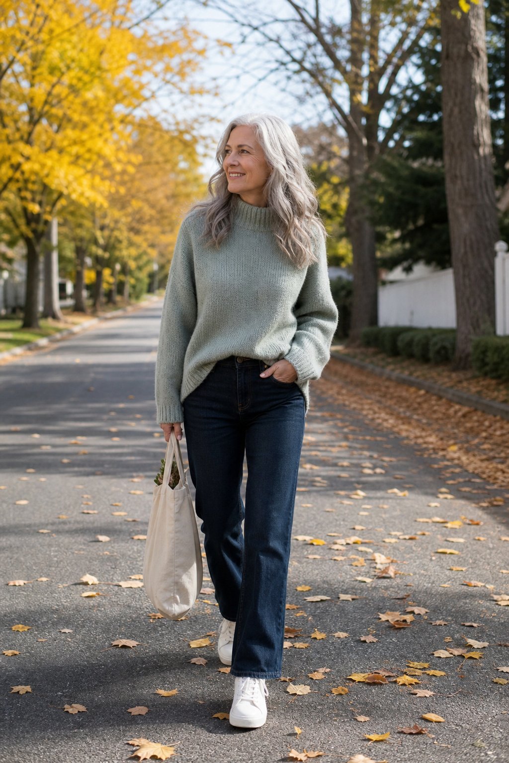 relaxed woman in late 50s in sage sweater dark jeans and white sneakers on autumn street