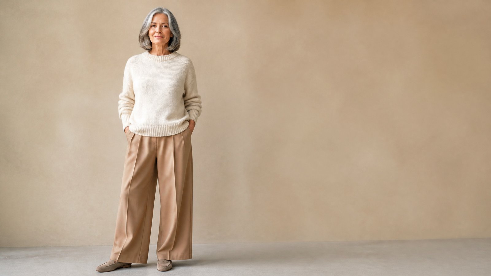 Elegant woman with silver and grey hair wearing a cream sweater with camel wide-leg trousers, flattering neutral colors for silver hair