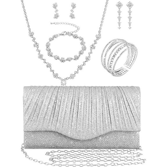 8 Pcs Silver Rhinestone Jewelry Purse Set