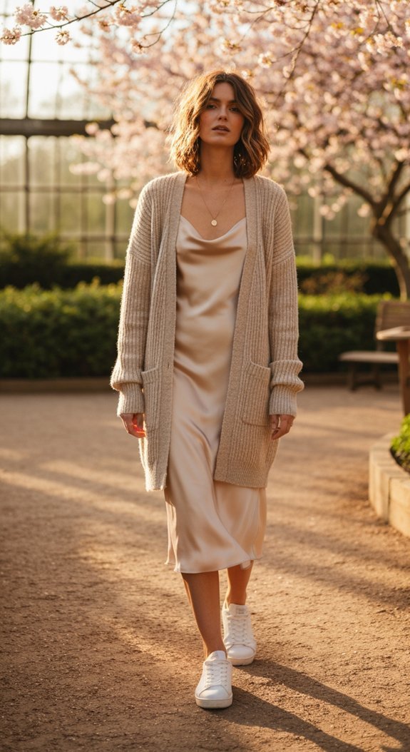 slip dress layered cardigan