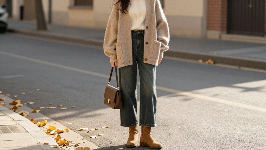 slouchy cardigan turtleneck wide leg jeans