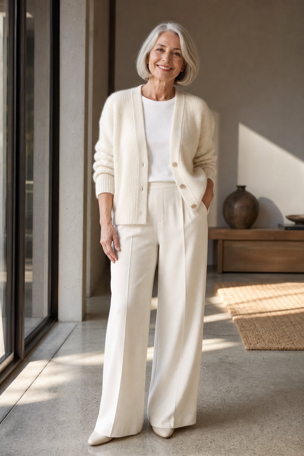 Elegant woman with silver hair wearing a cream knit cardigan over a soft white top, flattering neutral colors for silver hair