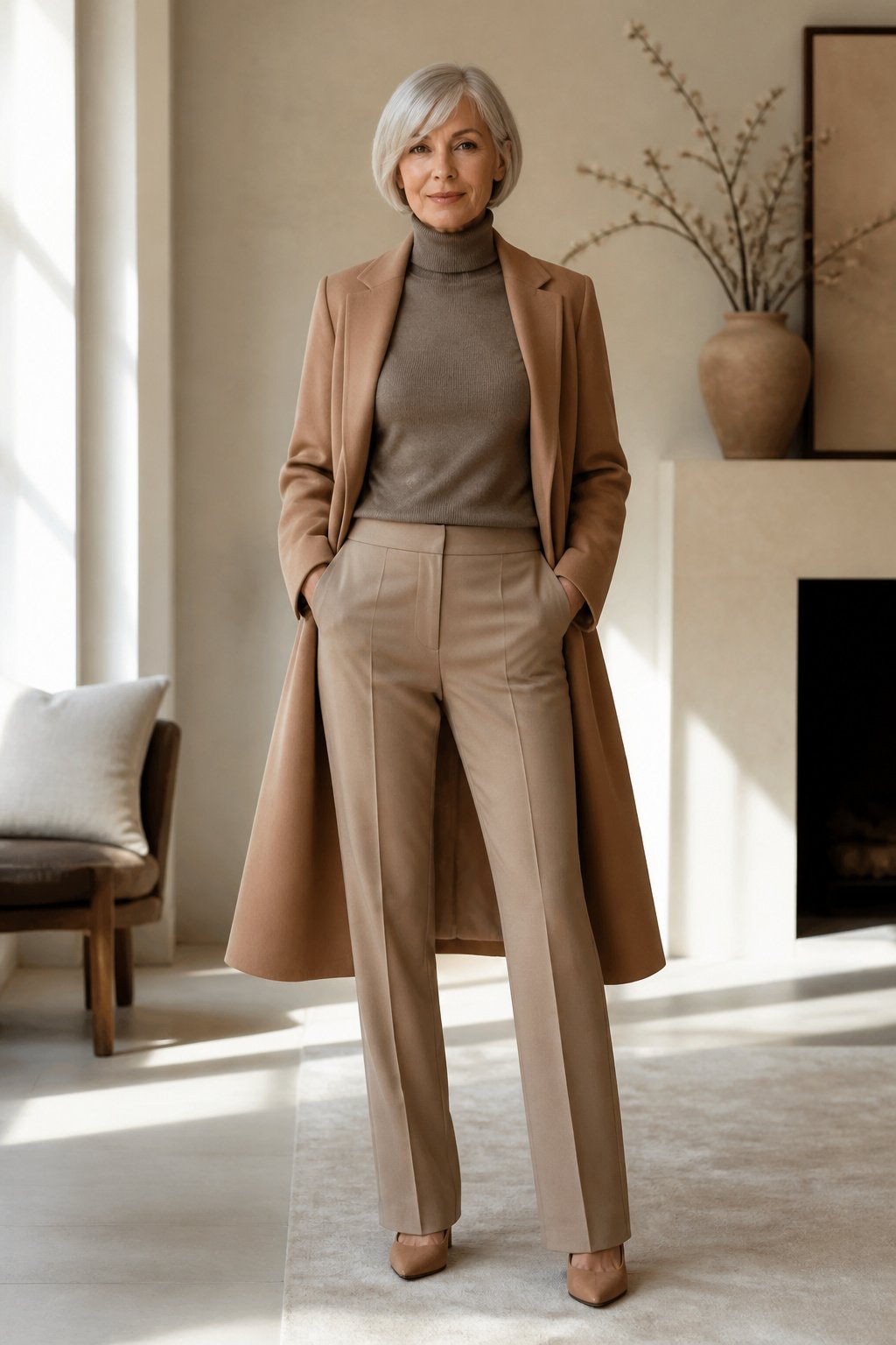 Woman with short silver bob wearing a camel coat over taupe trousers, warm neutral colors that flatter grey hair