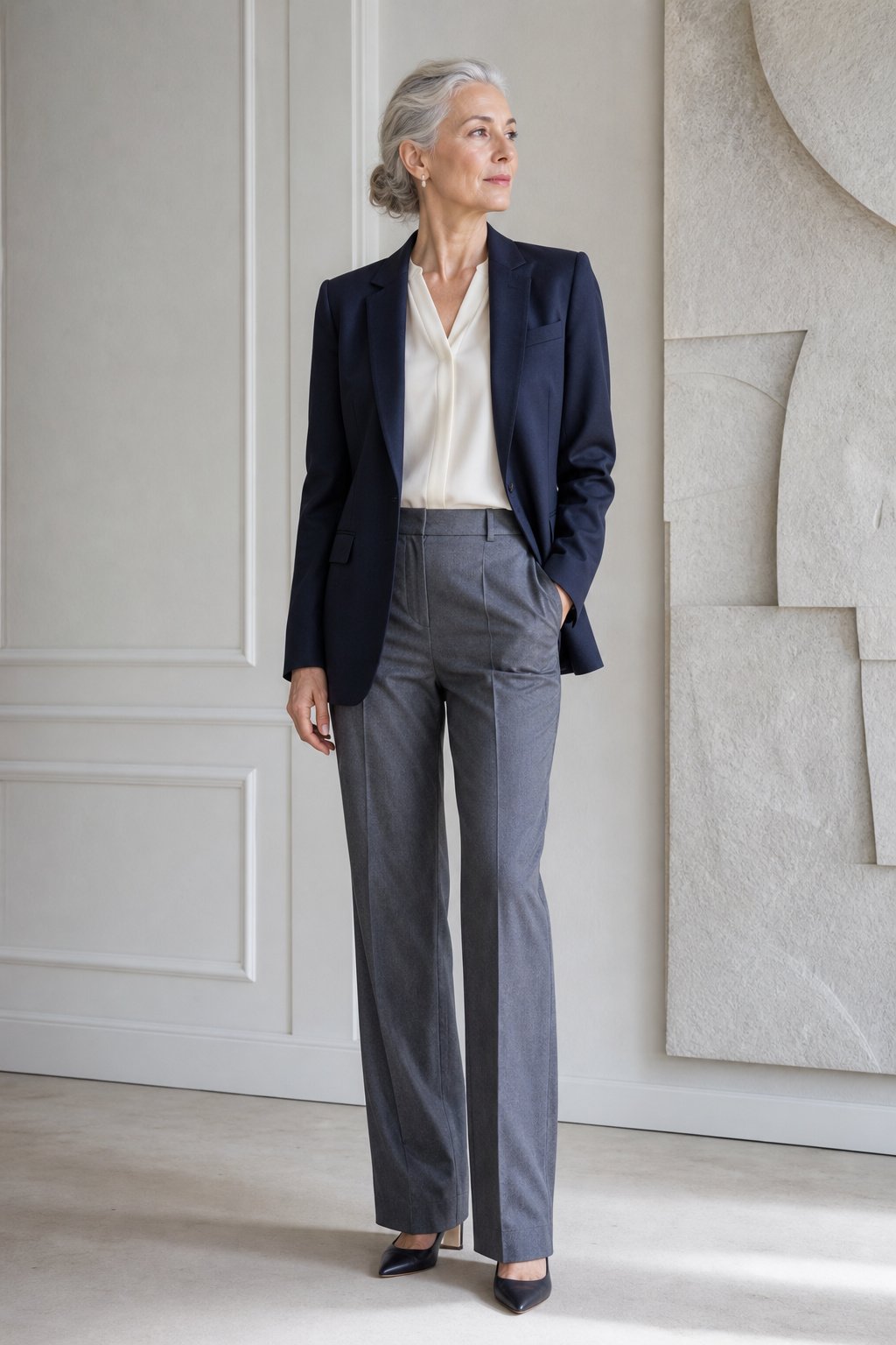 Stylish woman with silver hair in a tailored navy blazer and cream top, smart neutral colors for grey hair